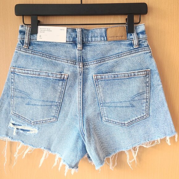 American Eagle Highest Rise 90s Boyfriend Distressed Denim Blue Wash Jean Shorts - Picture 5 of 11